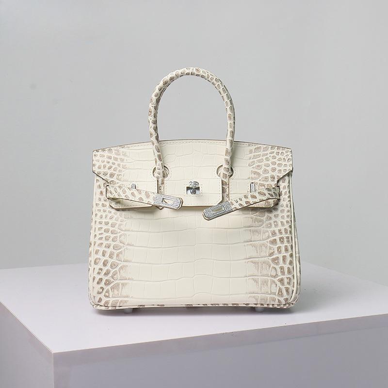 New First-layer Cowhide, Crocodile Pattern Portable Shoulder Messenger Bag, Genuine Leather, Himalayan Rhinestone Bag, Silver.