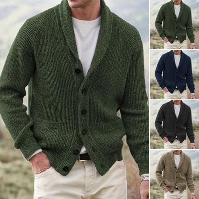 Herren Pullovermantel mit Taschen, Umlegekragen, langen Ärmeln, einreihig, mit Knöpfen, langen Ärmeln, einfarbig, dicke Strickjacke