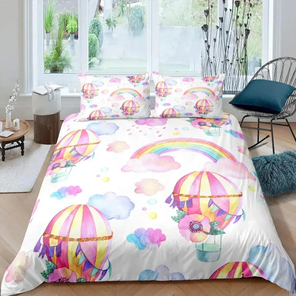 Hot Air Balloon Duvet Cover Set Romantic Balloon Bedding Set Extreme Sports Games Comforter Cover Romantic Trip Twin Quilt Cover