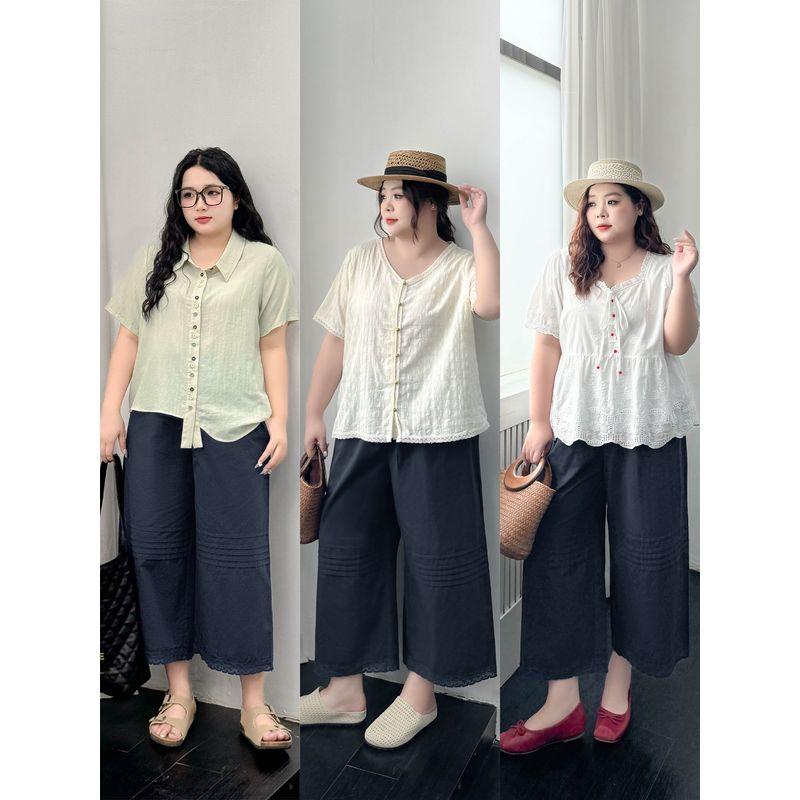 Plus size women clothing [Loose Wide-Leg Pants] Chubby Girl Summer Elastic High Waist Casual Hollow Lace Capri Pants