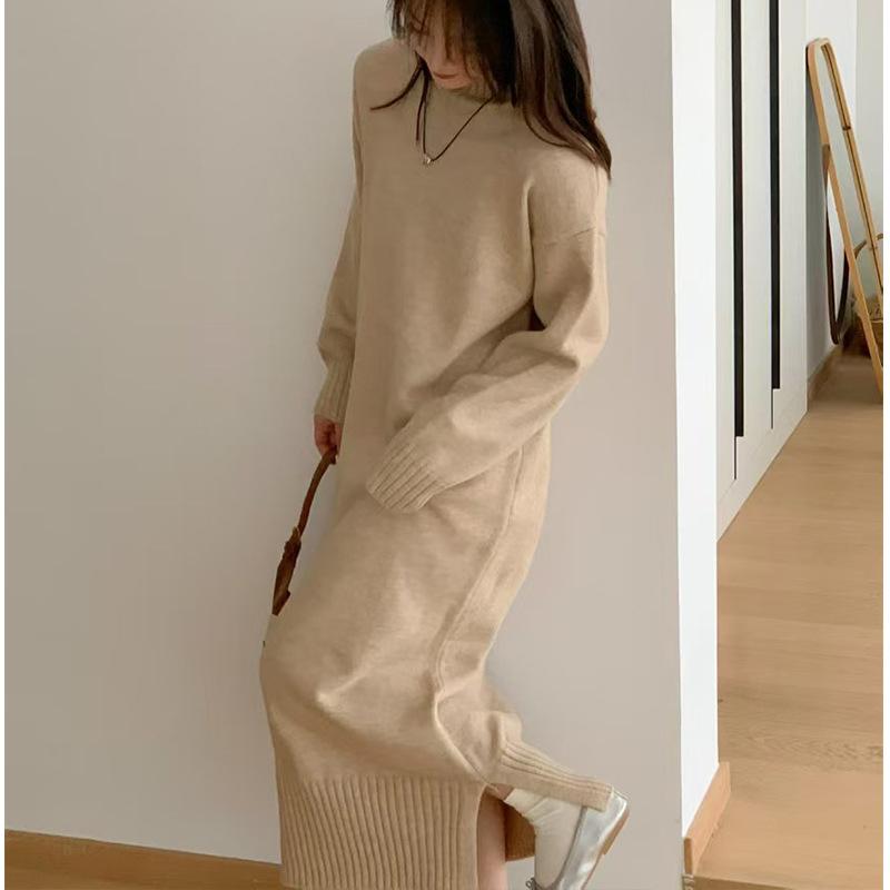 turtleneck sweater skirt autumn and winter new lazy temperament solid color loose large size bottoming knitted dress