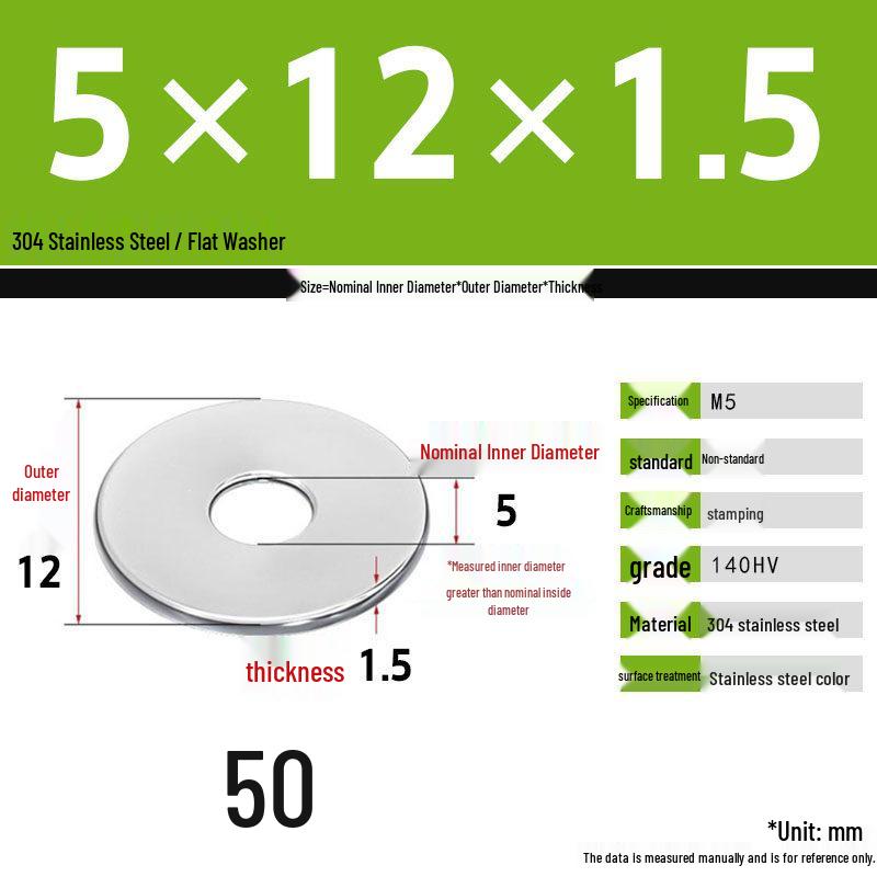304 Stainless Steel Thickened Flat Washer Set, Sizes 2-36
