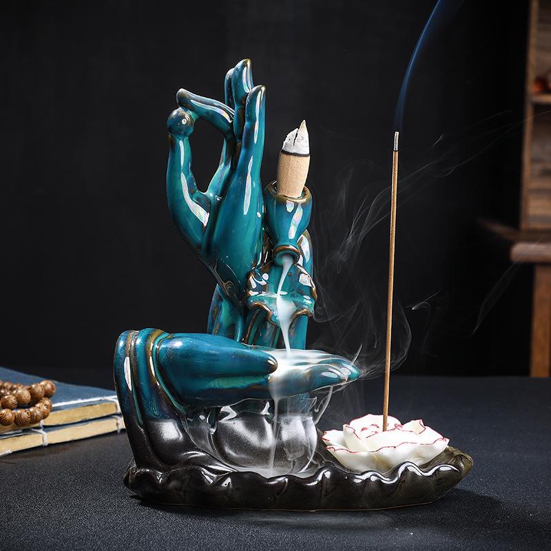 

Bergamot Smoke Backflow Incense Burner Zen Buddha Hand Lotus Waterfall Stick Holder Home Decor Aromatherapy Censer коричневий