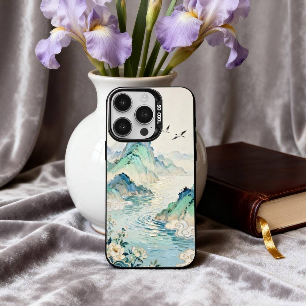 C-Chinese-E l-landscape-E Phone Case For iPhone17,16,15,14,13,12,11 Plus,Pro Max Black Candy Silver Plated Cover