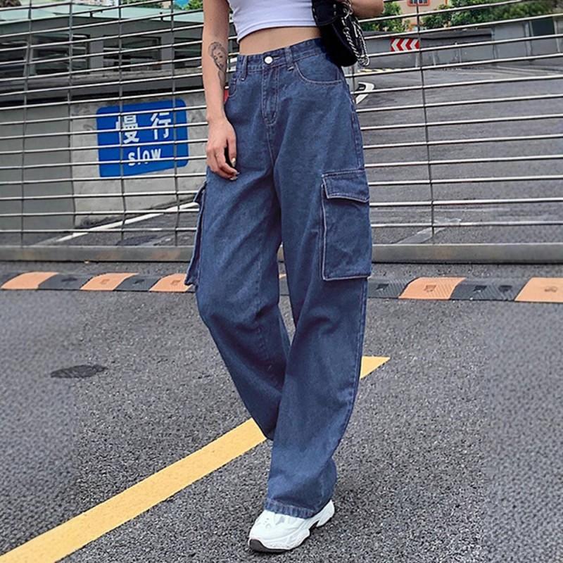 

American Retro Multi-pocket Washed Straight Work Jeans Men Women s Street Wide-leg Casual Pants Trend XS темно-синий