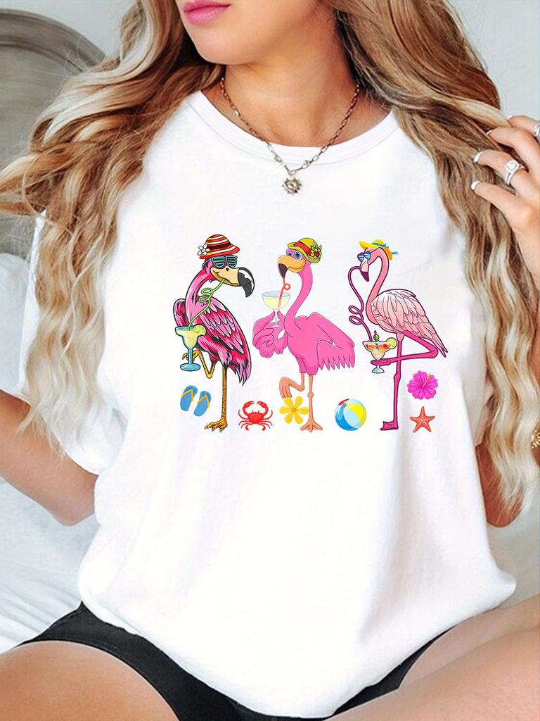 Three Wearing Hats Split Flamingo Print T-shirt Casual Round Neck Short Sleeve Top Spring/Summer Style Women's Clothing