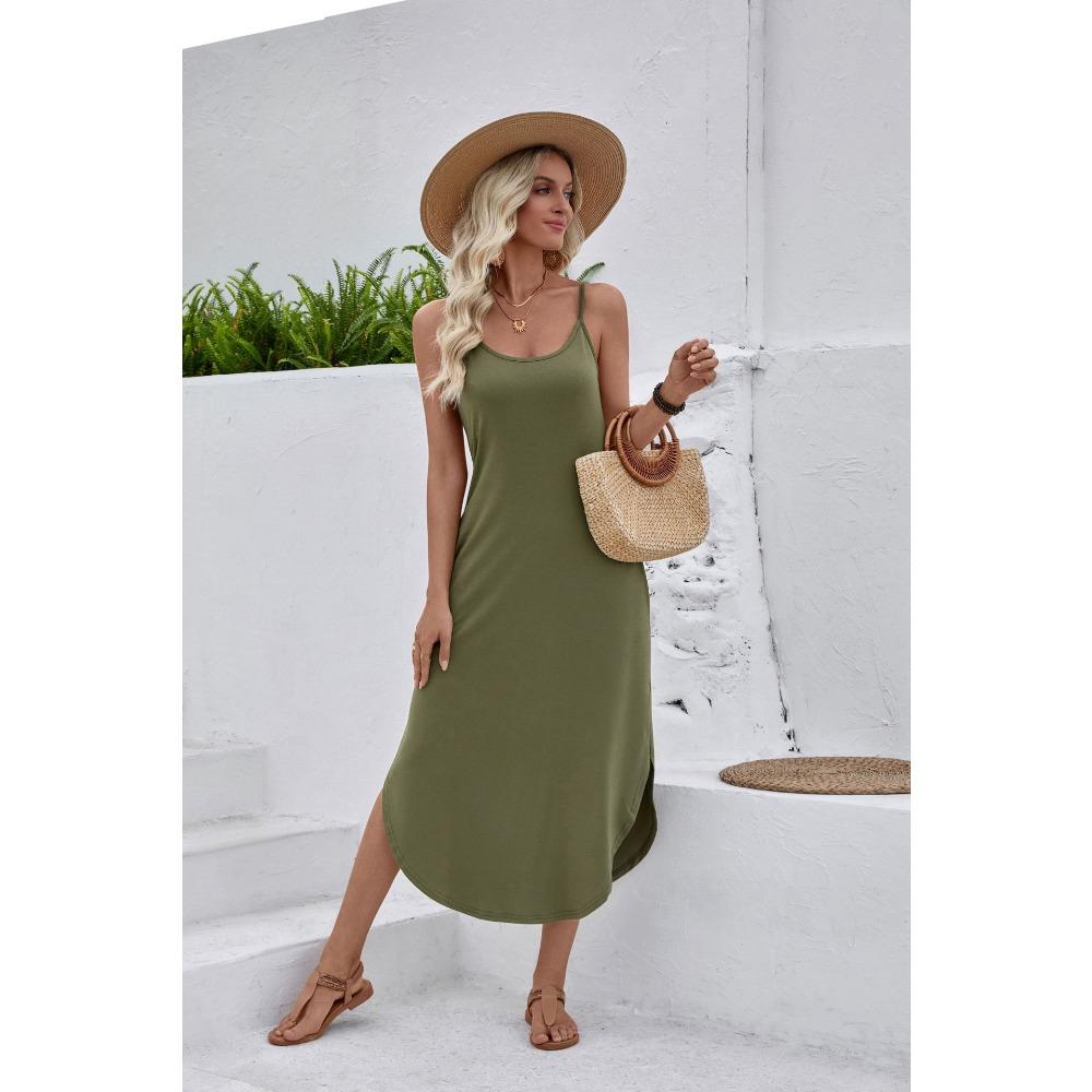 women's Casual U-Neck Spaghetti Strap Maxi Dress Loose Fit Solid Color Beach Sundress
