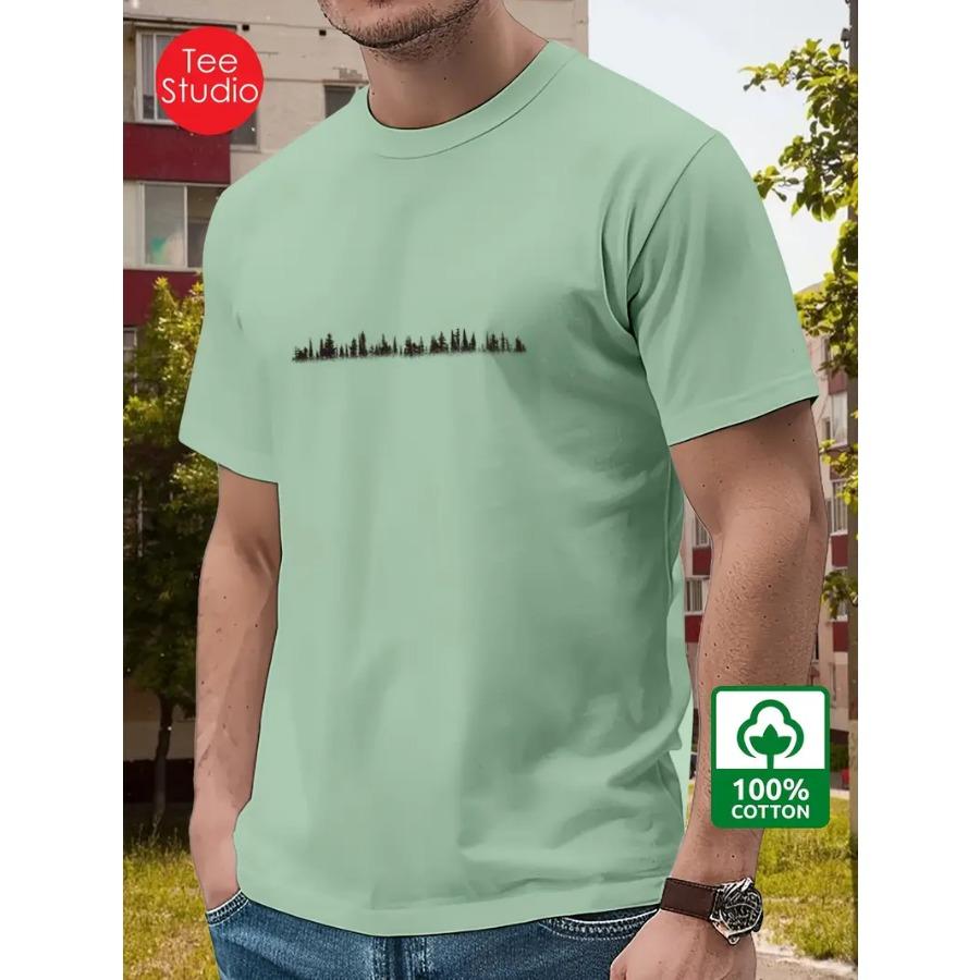 

100% Cotton Men s Short Sleeve T-Shirt with Tree Print - Basic Round Neck Knit Fabric, Regular Fit, Normal Length 3XL сірий