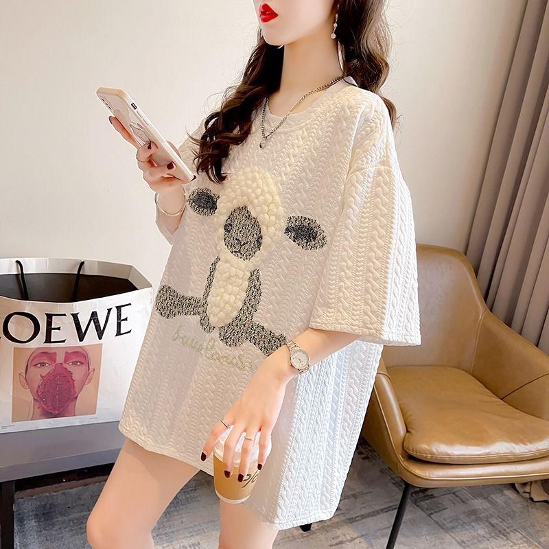 New Summer Fashion Trend Casual Loose Fitting Lamb Embroidery Hot Diamond Mid Length Oversize Short Sleeved T-shirt