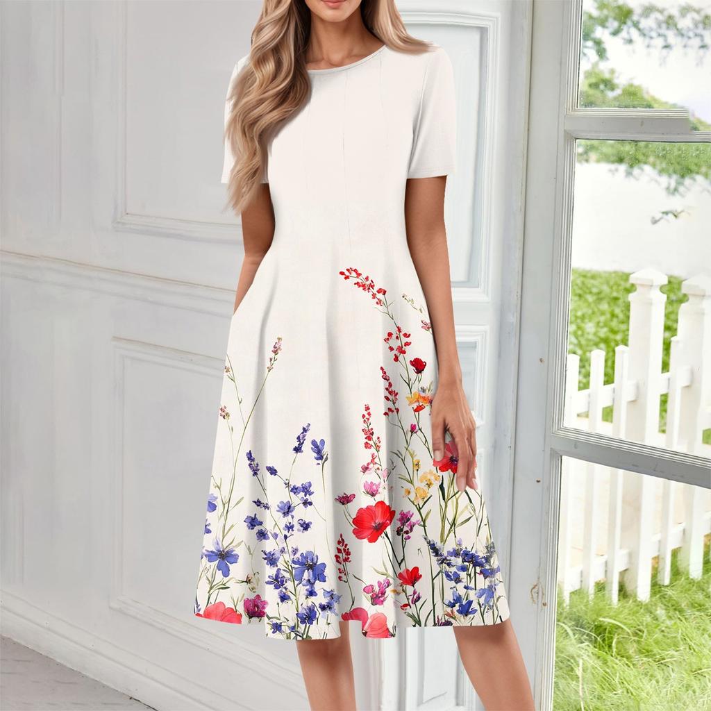 Women's Fashionable Print Round Neck Loose Short Sleeved Pocket Pullover Dress