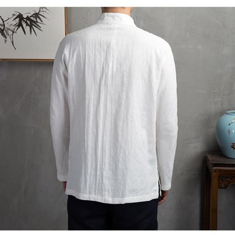 Autumn Chinese-style button-down linen shirt for men Loose-fitting long-sleeved cotton-linen top Traditional Chinese menswear Vintage-inspired shirt
