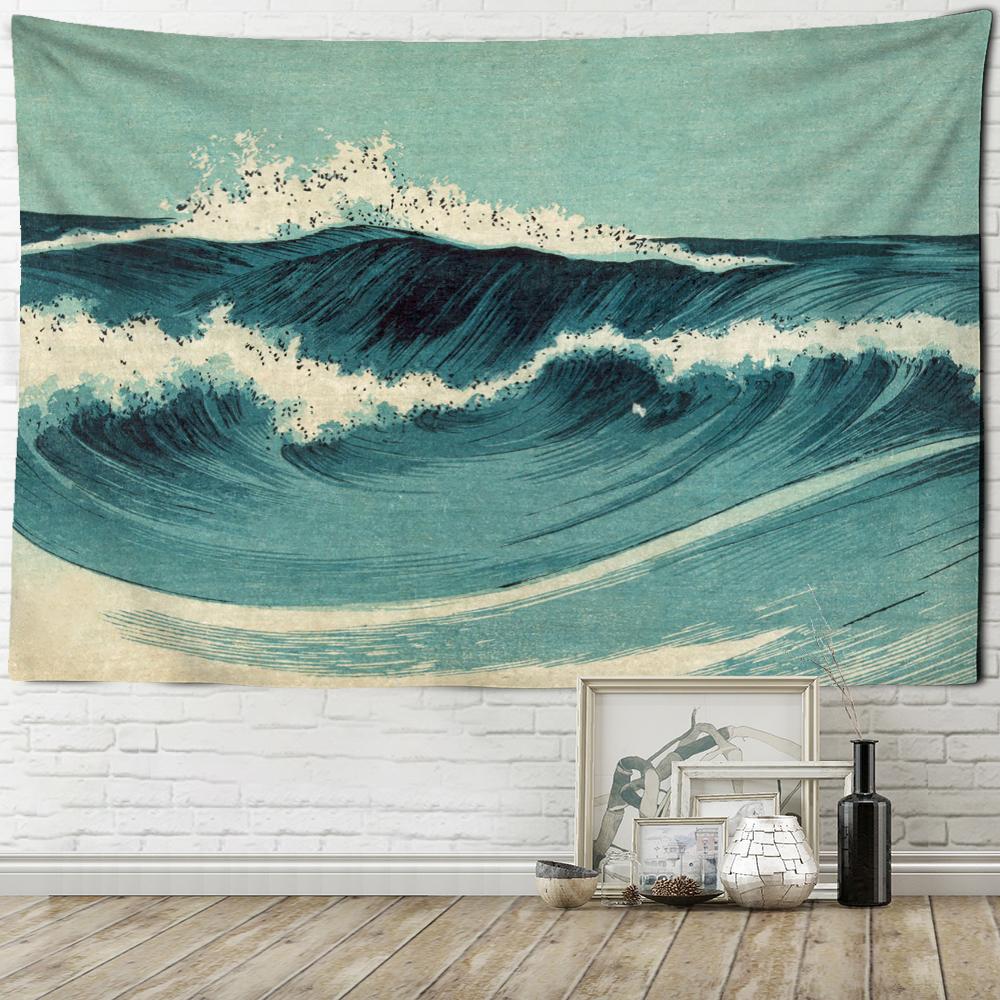 Blue Oil Painting Wave Tapestry Wall Hanging Art Bohemian Style Hippie Tapiz Aesthetic Room Bedroom Decor