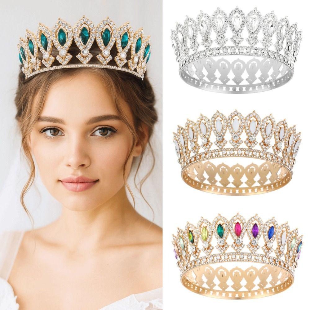 Round Princess Queen Tiara European Crystal Full Crown Metal Bridal Wedding Crowns  Birthday Party