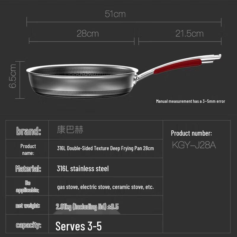 Kangbah 28cm 316L Stainless Steel Non-stick Frying Pan