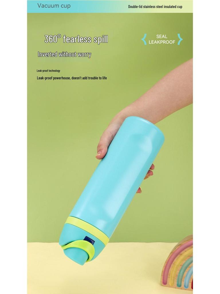 Double-Drink Lid Stainless Steel Insulated Sports Cup with Straw, Large Capacity, Flip-Top, Carry Rope