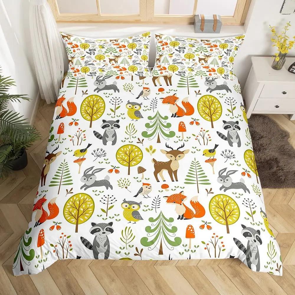 Comforter Cute Forest Animals Theme S King Size Fox Deer Rabbit Owl Hedgehog Flowers Comforter Set 2/3Pcs Bedding Set