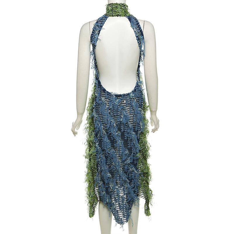 Autumn Women's Sexy High Neck Sleeveless Tassel See Through High Waist Slim Long Dress