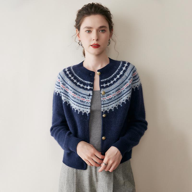Women's Retro Fair Isle Cashmere Cardigan - Soft Long Sleeve Wool Sweater with Round Neck