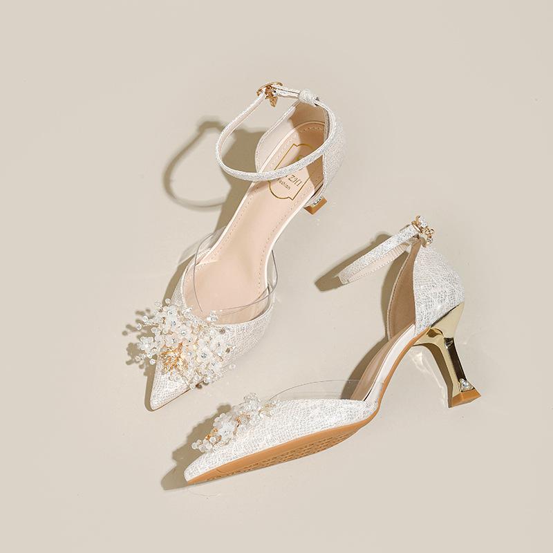 

Женские туфли на высоком каблуке с цветком из стразов, модные туфли с темпераментом, босоножки с вырезами, тонкий каблук, не устают ноги, свадебные туфли 40 шампанского