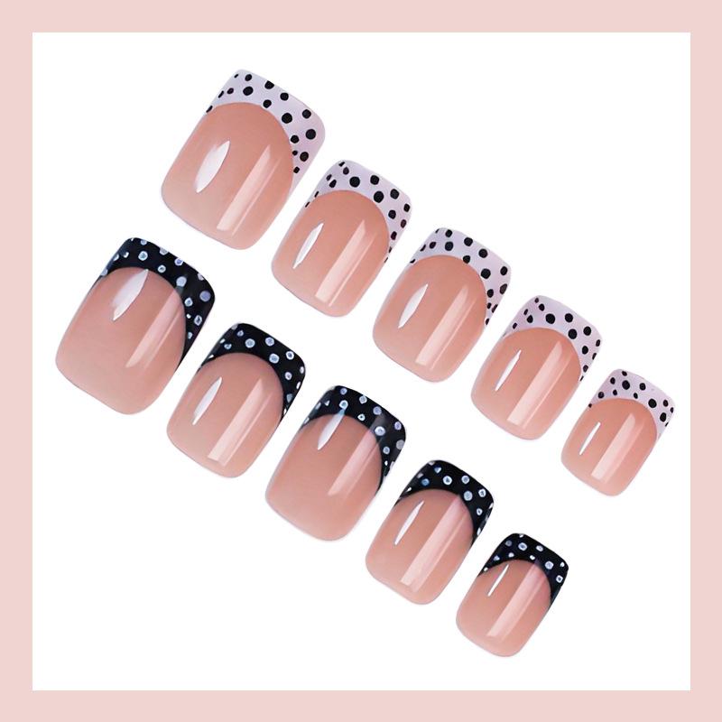 Set da 24 pezzi Unghie Finte Adesive Minimaliste Quadrato Corto Punti Bianchi e Neri French, Per Ragazze/Donne Per Unghie Quotidiane, Da Appuntamento, Da Festa Forniture per Unghie