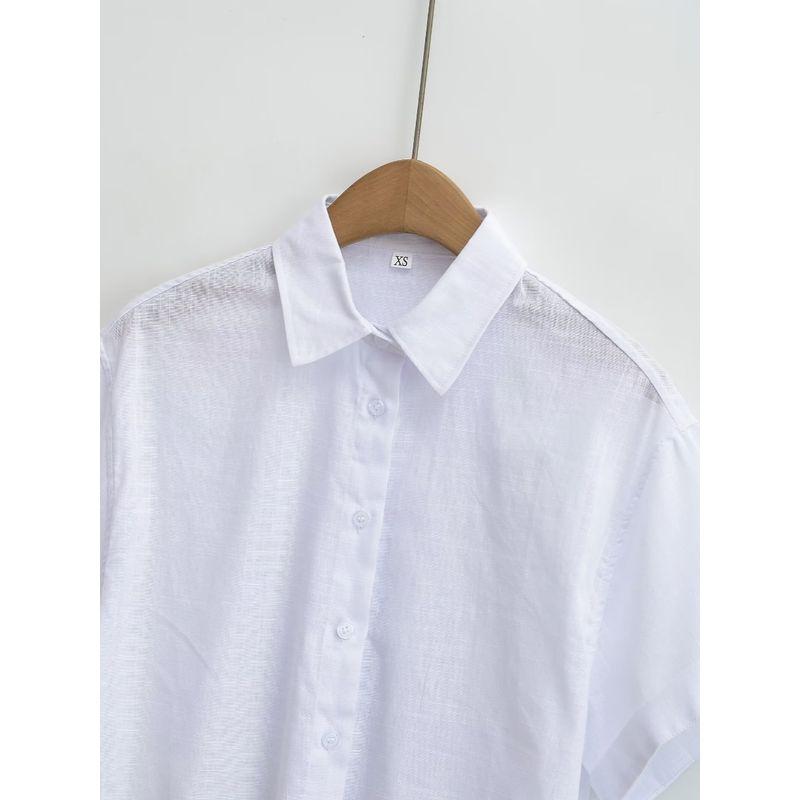 Kaslead New Arrival Women's Clothing Fashion Style Fashion All-Match Casual Linen Belt Two-Color Short Sleeve Shirt