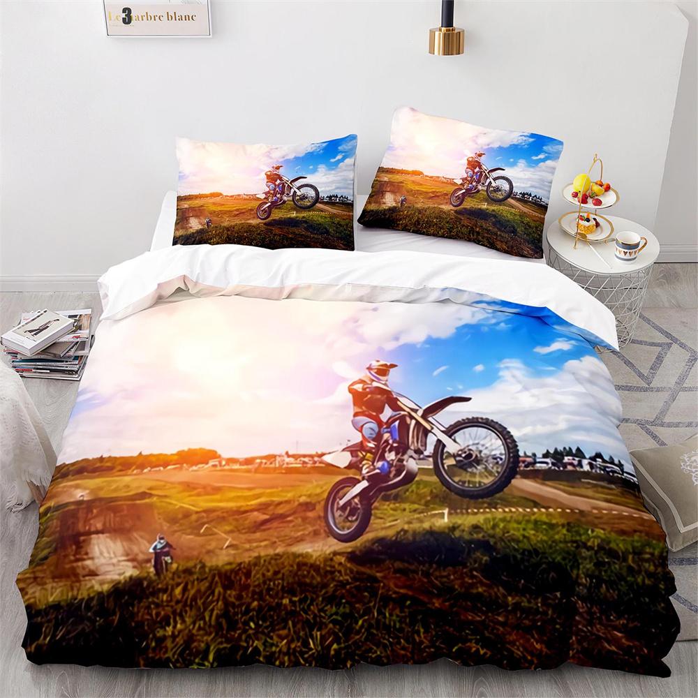 Dirt Bike Duvet Cover Set Motocross Rider Comforter Cover Motorcycle Extreme Sport Game Polyester Bedding Set For Kid Boys Teens