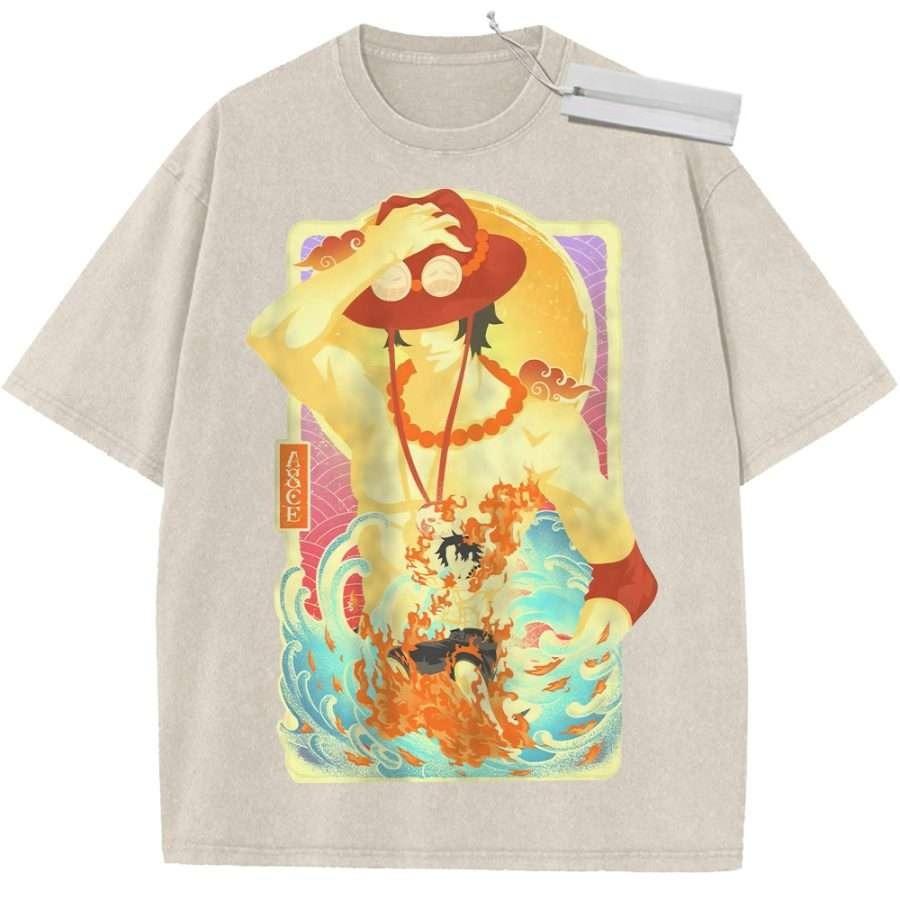 Unisex Washed Pink Vintage Tshirt One Piece Ace Flame and Wave Highquality Fabric for Home Leisure Travel Shopping