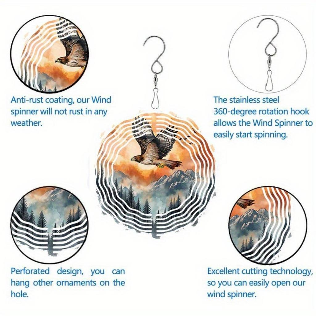 3D Adler Windspiel Kinetische Metallkunst für Außendekor Sonnenaufgang Waldszene Tanzeffekt Gartendekoration Einzigartig