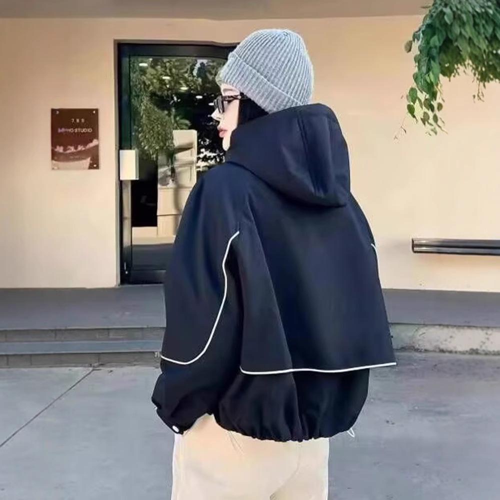 Korean Style Color Block Hooded Windbreaker for Women, 2025 Spring/Autumn, Lightweight Loose Fit Petite Jacket