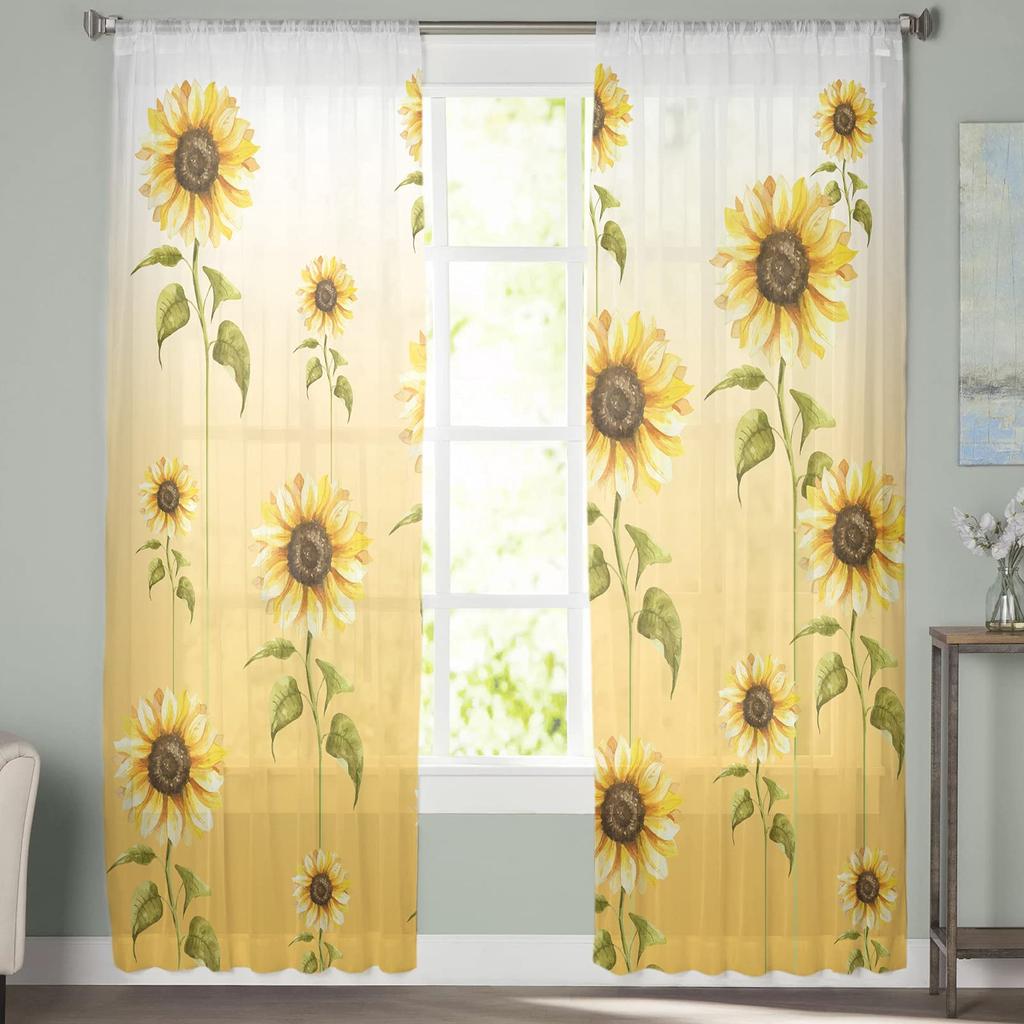 Sunflower Curtains Panels Set Yellow Kitchen Curtain Drapes Privacy Voile Living Room Bedroom Summer Sheer Polyester With Rod Pocket Sitting Decor