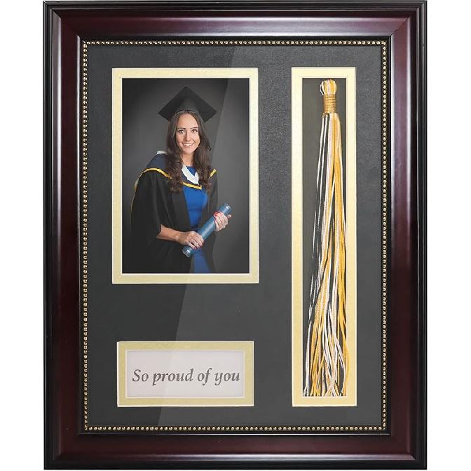 GraduationMall Graduation Photo Shadow Box Frame with Tassel Holder for 8x10 Pictures,Real Glass,Black Over Gold Double Mat,Wall & Tabletop Design 4x6