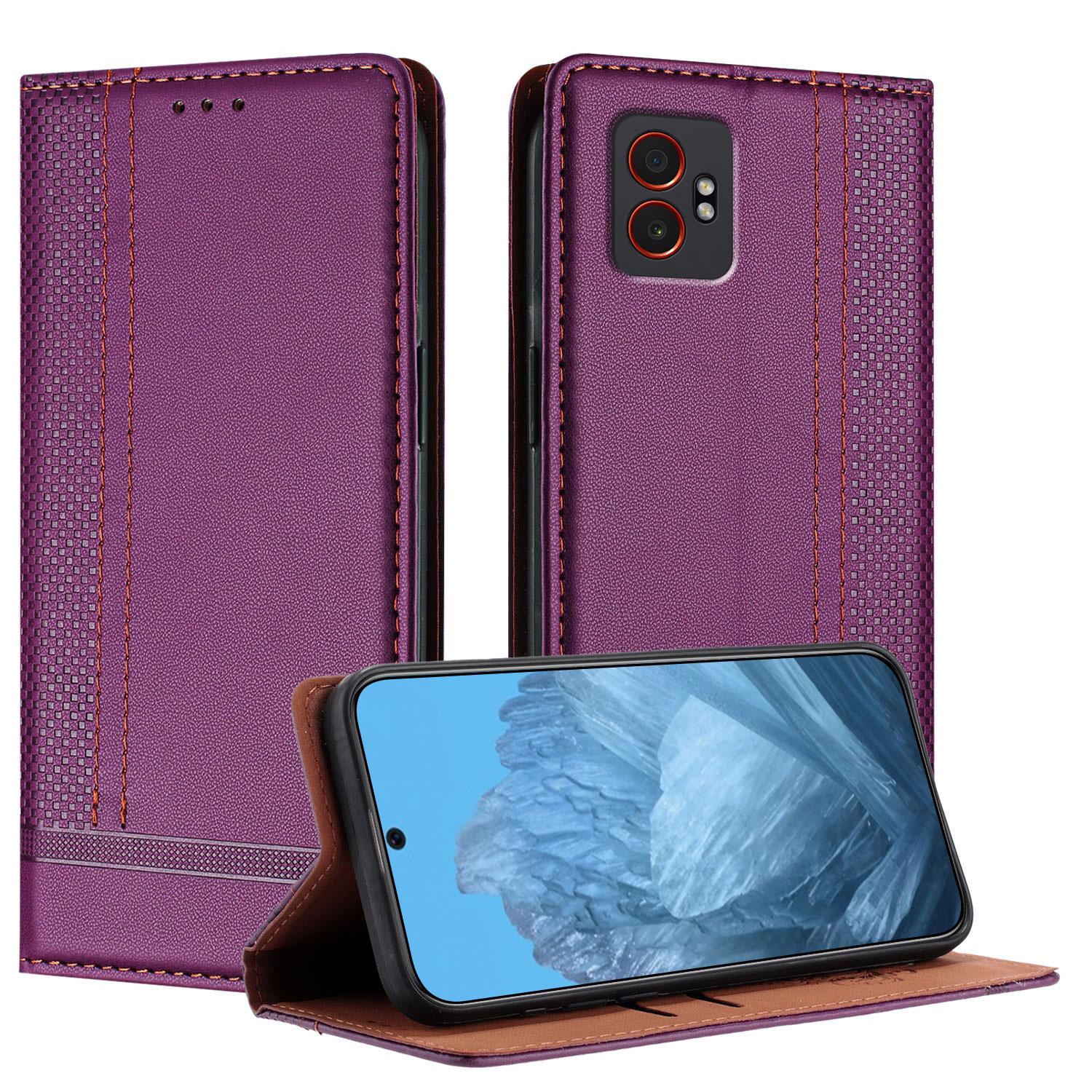 

For Samsung Galaxy XCover7 Pro Case L-Shaped Grid Pattern Leather Stand Phone Cover with Card Slots Purple