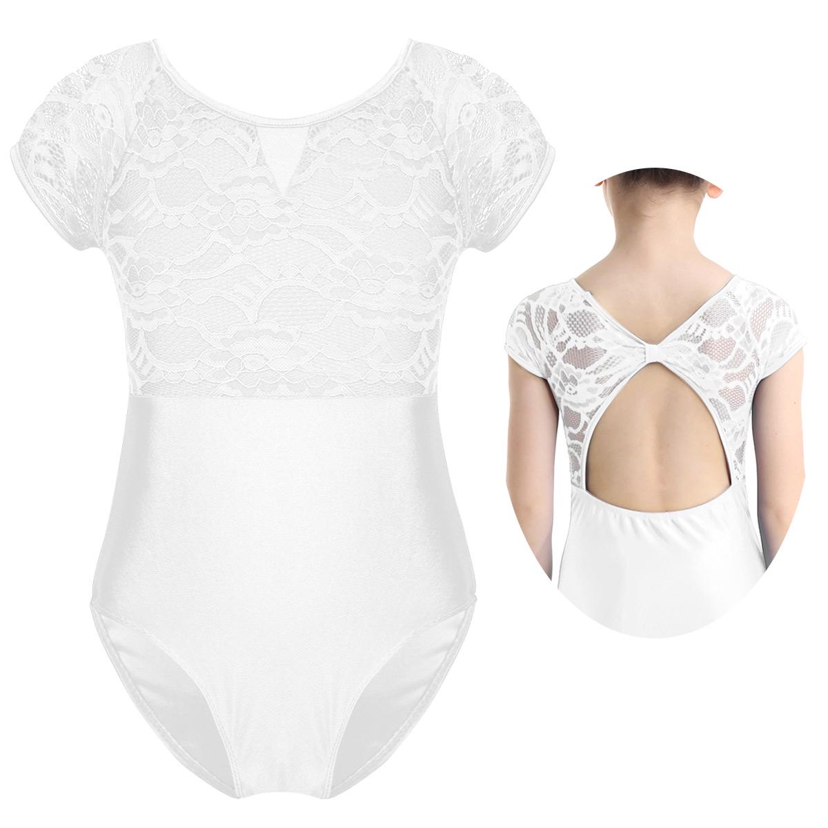 IEFiEL Kid meisjes korte mouw bloemen kant terug ballet jurk gymnastiek turnpakje ballerina danskleding bodysuit 7-8 Years wit
