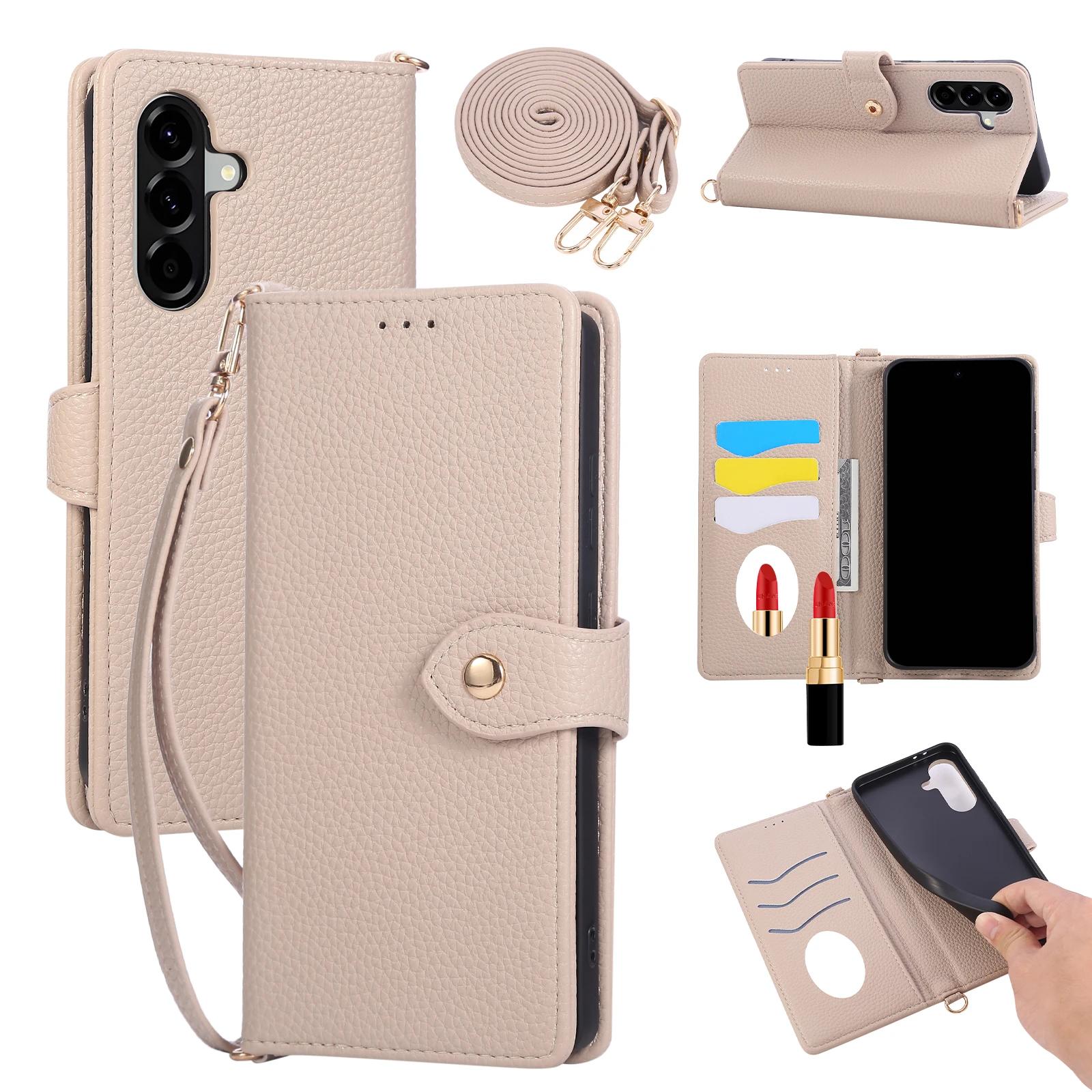 

Mirror Card Holder Lanyard Case Cover for Samsung Galaxy A13 A23 A33 A53 A73 A12 A22 A32 A52 A91 5G Leather Protective Cover Galaxy A52s 5G хаки
