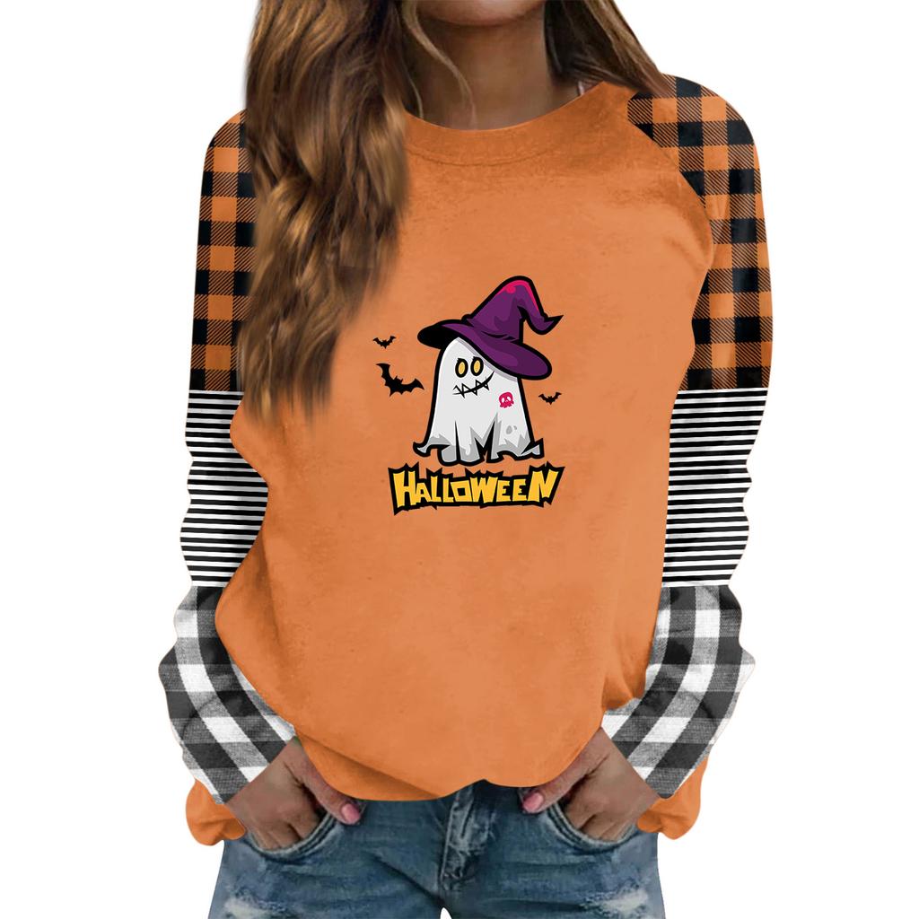 Women's Casual Long Sleeve Neck Halloween Print Top for Fall