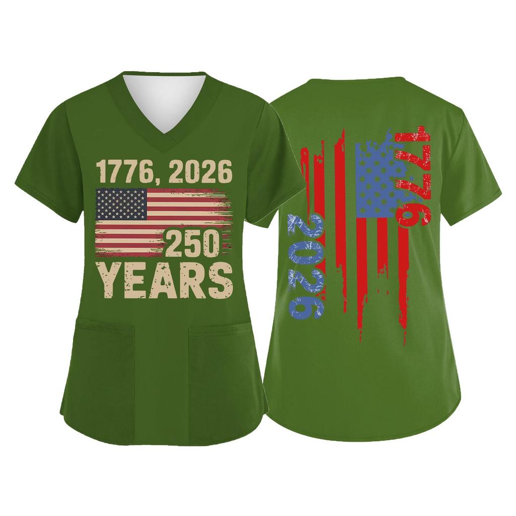 V-Ausschnitt Kurzarm Top mit Flaggen-Print 250 Jahre Buchstaben-Grafik Lockerer Pullover für Damen Herren Unisex
