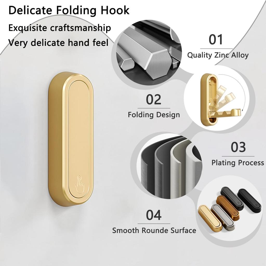 2PCS Folding Coat Hooks, Heavy Duty Wall Hooks Made of Zinc Alloy, Foldable Wall Hooks for Hanging Coats, Scarves, Hats, Bathrobes, Keys, Bags(Gold)