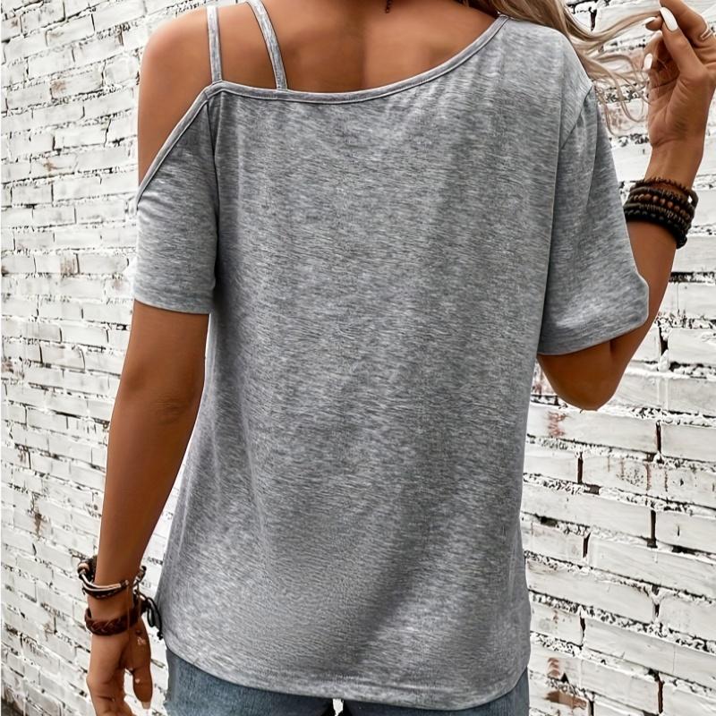 Heart Print Off the Shoulder Short Sleeve Asymmetrical T-shirt Casual Sexy Top with Slight Stretch Micro Elasticity Random Printing Machine Washable