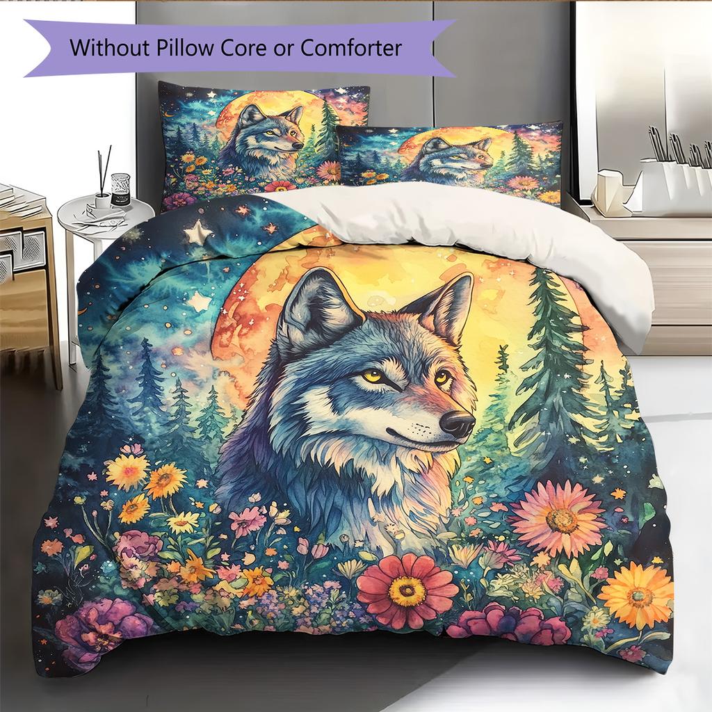 Floral wolf  Pattern Bedding Quilt Set Quilt Cover Pillowcase Home Decoration  Gift (1 * duvet cover + 2 * pillowcase, without core)