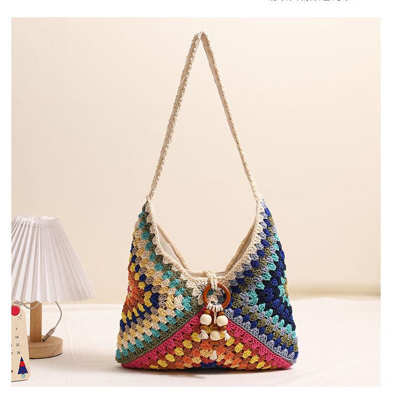 

Ethnic Style Shoulder Cotton Woven Bag New Colorful Granny Square Straw Bag Bohemian Vacation Beach Bag All-match Women Handbag 36x23cm