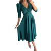 Summer 2025 Solid Color V-Neck Waist-Tie Bubble Sleeve Swing Dress for Commuting