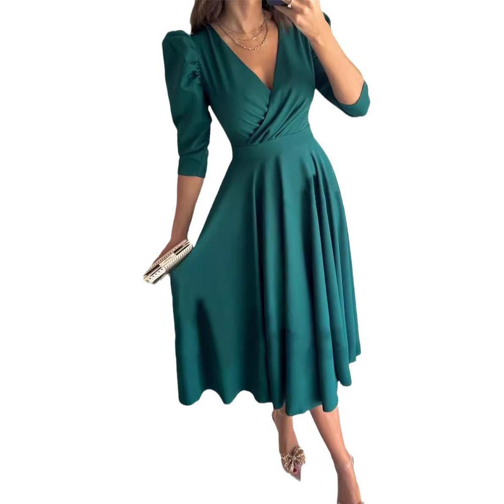 Lato 2025 Sukienka Swing z Krótkim Rękawem Bufiastym i Dekoltem V w Jednolitym Kolorze, Wiązana w Pasie, do Dojazdów do Pracy