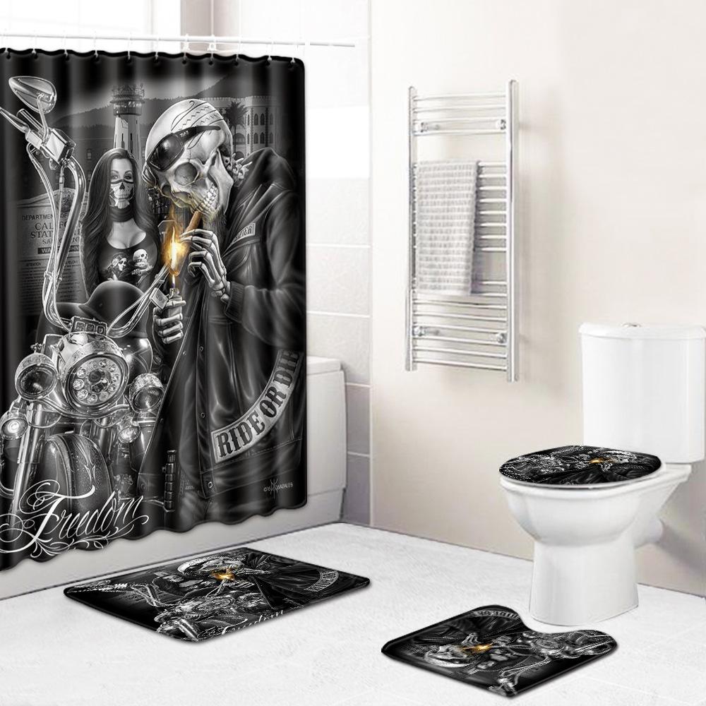 Thriller Skull Print Bathroom Non-Slip Floor Mat Shower Curtain Combination Carpet European And American Style