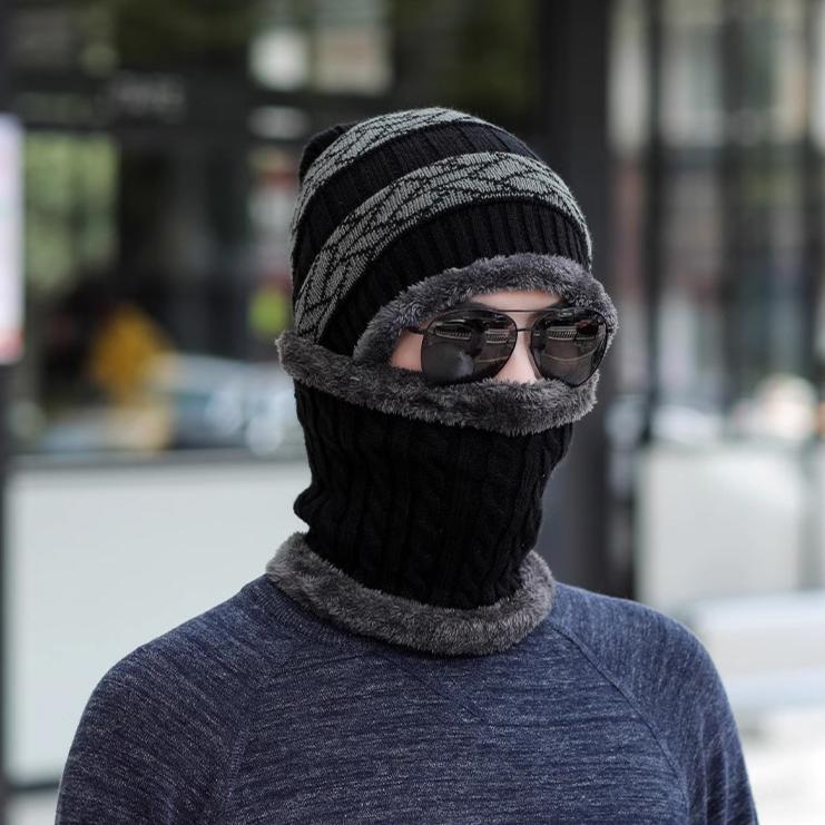 Men's Striped Woolen Hat Thick Hat Warm Winter Hat Versatile Anti Cold Cover Head and Neck Protection Cotton Hat for Men