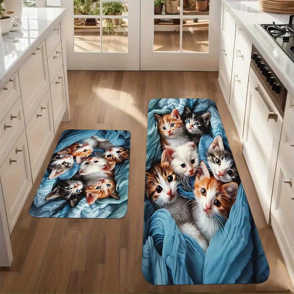 Non-Slip Waterproof Kitchen Mat with Kitten Print - Thick Cushioned Anti-Fatigue Comfort, Heavy Duty, 60cm X 180cm