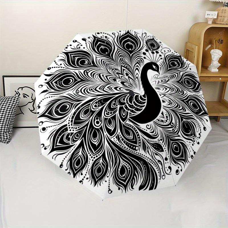 1pc Automatic Open/Close Umbrella with Elegant Black & White Peacock Feather Design - Lightweight Portable Travel Umbrella, St
