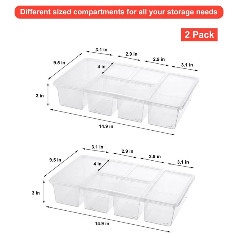 ABWR-2 Pack Divided Vegetable Trays With Lids, Compartment Refrigerator Snack Boxes, Transparent Refrigerator Storage Boxes