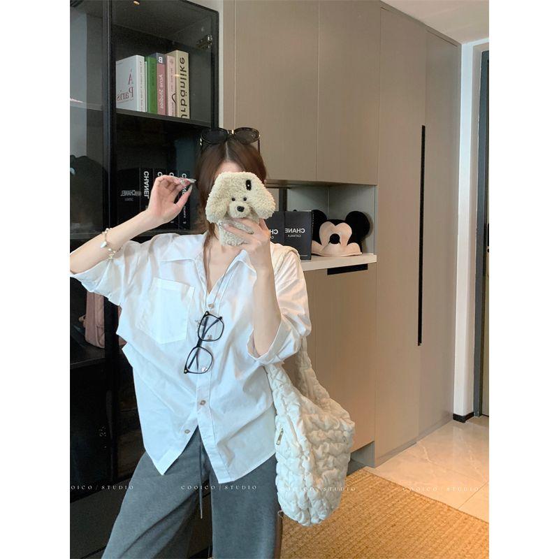 

Old Qian Style Fancy Polo Collar White Medium-Sleeve Shirt Women s Autumn Loose Pleated Cinched Blouse Niche Top White L