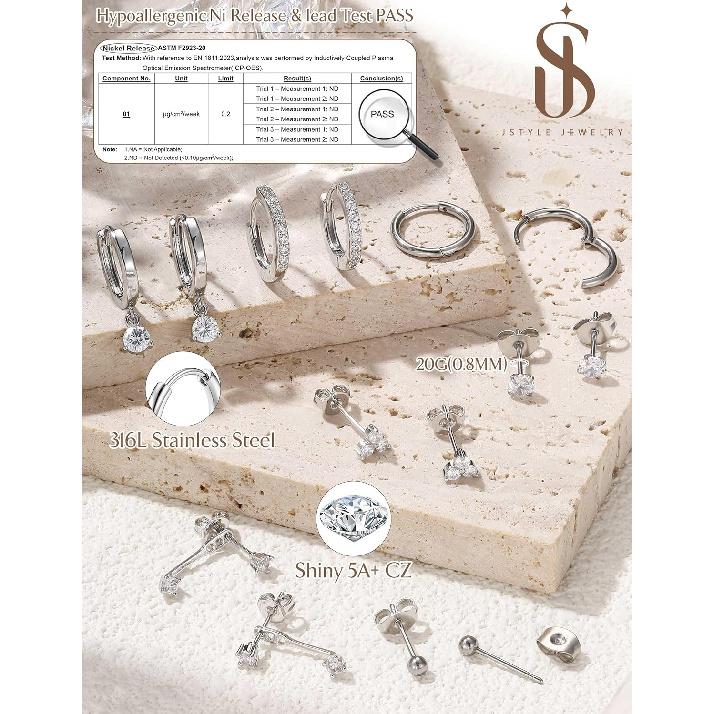 Jstyle Hypoallergenic Earring Stacks for Women Stainless Steel Earrings | 20G Cartilage Earrings for Multiple Piercings, Small Studs Huggie Hoops