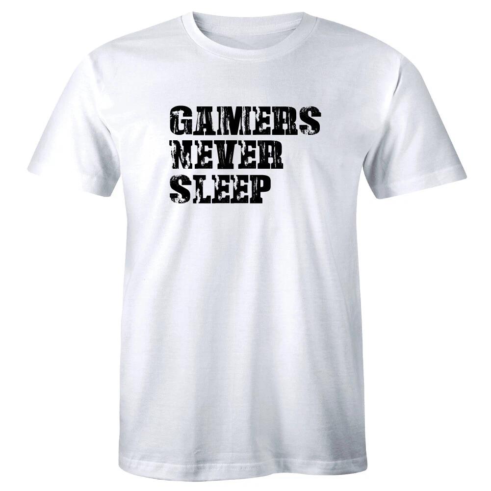 

Gamers Never Sleep White Crew Neck T-Shirt for Men Funny Gaming Tee S